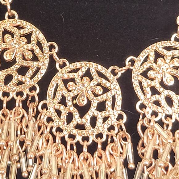 Rose Gold Tone Statement Necklace Filigree Beaded Fringe 16" +3" Extender - Picture 11 of 15